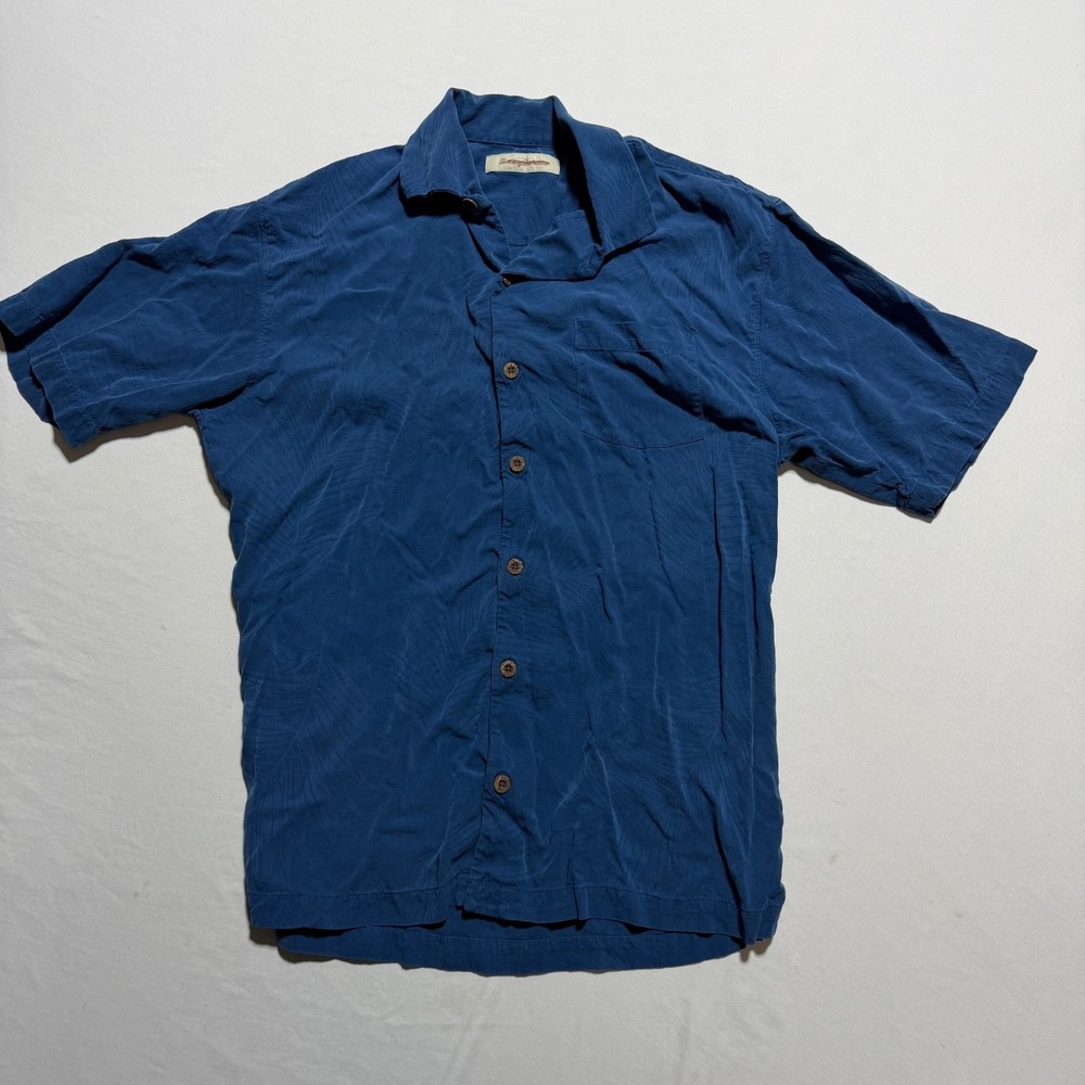 Tommy Bahama 100% Silk Camp Shirt Mens M Navy Blue Tonal Palm Leaf Print